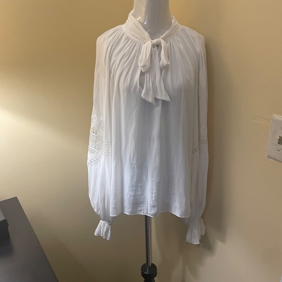 Ramy Brook SILK Embroidered Eyelet Sleeve White Poet Blouse Top - Picture 3 of 11